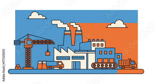 Factory crane and trucks in a bright vector industrial park illustration Production and manufacturing concept