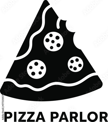 Simple black and white pizza parlor logo with a slice of pizza