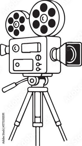 Vintage movie camera on tripod, classic filmmaking equipment, black and white illustration