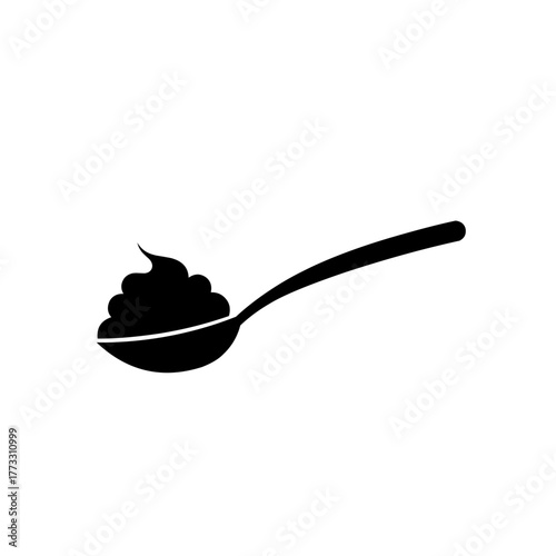 Spoon icon with yogurt, cream, paste, and jam. Black spoon silhouette symbol. Illustration of a food recipe containing cream, jam, yogurt, or paste in a single spoon.