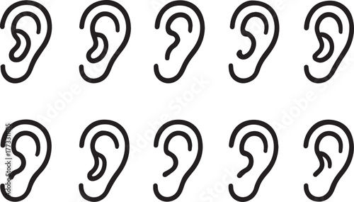 Modern ear icon vector set illustrating different ear shapes and styles. Ideal for hearing aid, medical, audiology, sound, music, and communication-related design projects.