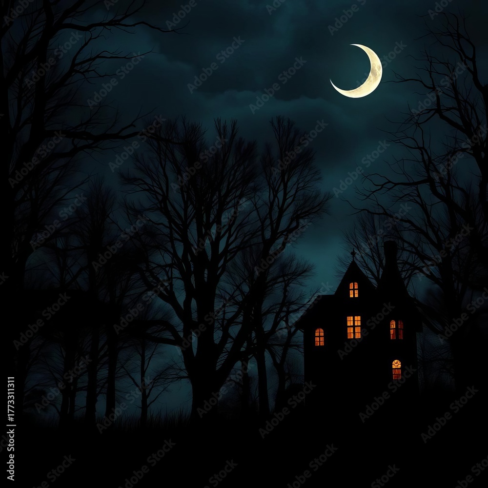 Fototapeta premium Spooky night scene with dark trees, a crescent moon, and a haunted house outline, spooky, night