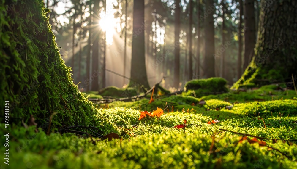 Fototapeta premium Sunlit forest floor with vibrant moss, trees, and atmospheric light rays