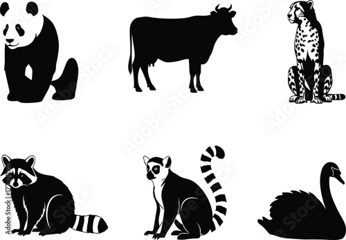 Animal silhouette set, wild and domestic species, black vector icons, nature wildlife shapes, isolated design elements for creative illustration