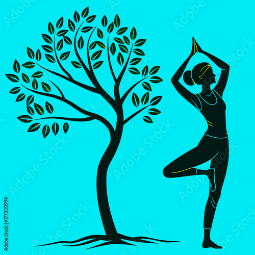 Yoga tree pose silhouette illustration for wellness and meditation art