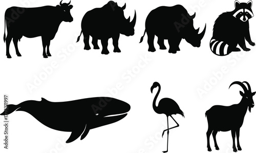 Animal silhouette set, wildlife vector icons, farm and jungle creatures, aquatic and bird shapes, black graphic bundle for education