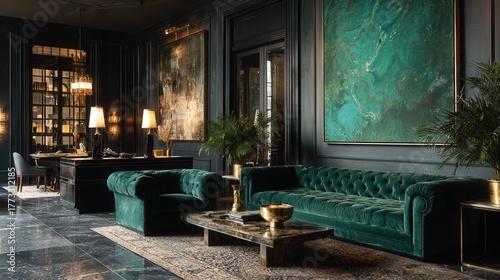 Office interior with emerald green velvet furniture and brass lighting