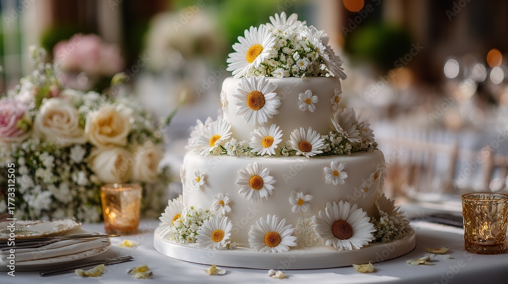 Fototapeta premium Three-tiered wedding cake with white fondant and intricate floral design