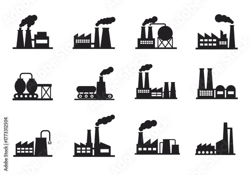 Industrial Factory Silhouettes Production and Manufacturing Icons