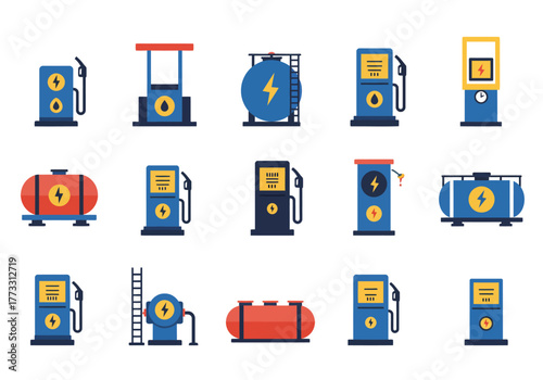 Collection of Gas Station Equipment Illustrations in Blue and Red