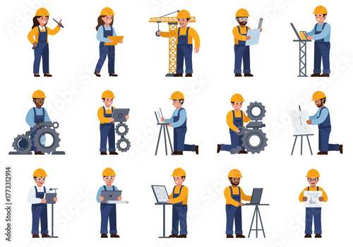 Cartoon workers in construction uniform doing different jobs with crane and gears