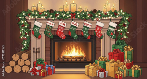 fireplace with christmas decorations