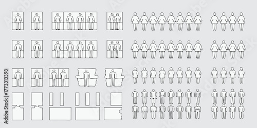 Collection of stylized human figures in various groupings and arrangements representing people and social distancing