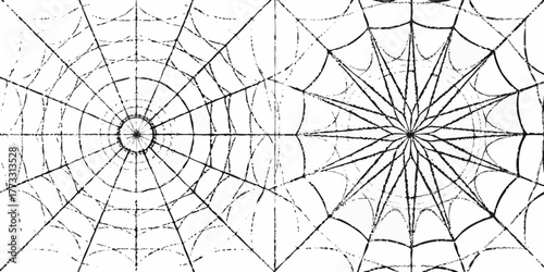 Abstract black and white spider web patterns with radial and starburst designs