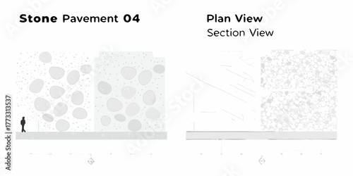 Architectural illustration of stone pavement design showing plan and section views with scale figure