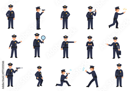 Diverse Police Officer Actions Cartoon Character Set for Law Enforcement Projects