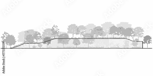 Stylized black and white illustration of a landscape with trees and a curved embankment