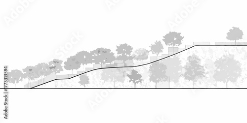 Stylized black and white illustration of a terraced hillside with trees and retaining walls