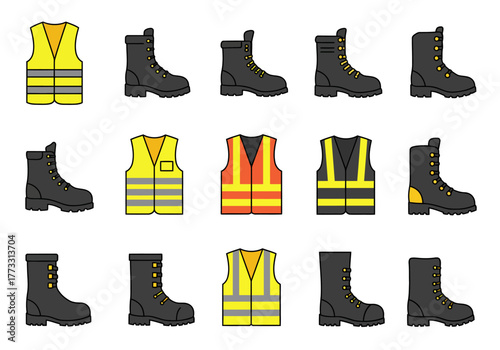 Safety Gear Icons High-Visibility Vests and Work Boots Collection