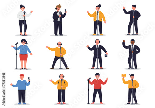 Diverse Media Professionals Vector Set of Reporters and Hosts in Action