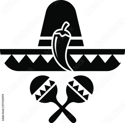 Mexican sombrero hat chili pepper and maracas icon