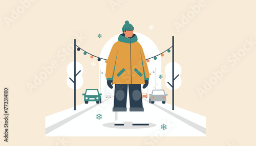 Flat vector illustration of a man walking in a snowy winter city street