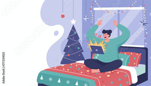 Stressed person in decorated room panics over exploding laptop during the busy holiday season