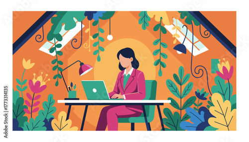Businesswoman working on laptop in a vibrant plantfilled office Remote work and nature concept