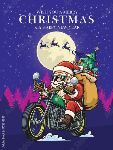 A vibrant cartoon-style illustration featuring a cool and modern Santa Claus riding a big motorcycle on Christmas night. Santa wears his classic red outfit paired with stylish sunglasses, 