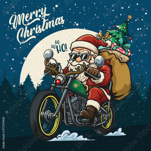 A vibrant cartoon-style illustration featuring a cool and modern Santa Claus riding a big motorcycle on Christmas night. Santa wears his classic red outfit paired with stylish sunglasses, 
