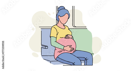Flat vector illustration of a pregnant woman sitting on a train seat, gently holding her belly