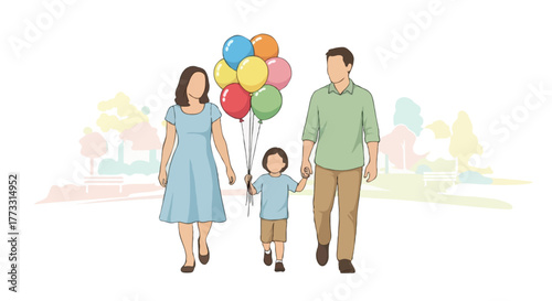 Flat family illustration walking together in the park, child holding colorful balloons, parents walking hand in hand