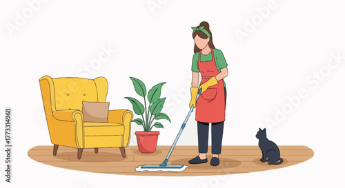 Flat vector illustration of a faceless woman mopping the floor in a cozy living room