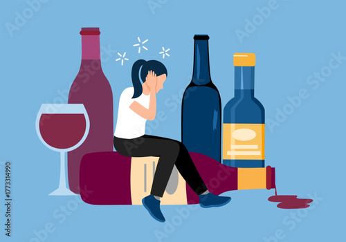 Drunk woman sitting with alcohol wine bottles in flat design.