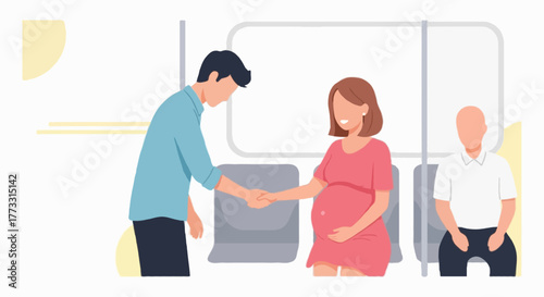 Flat  illustration of a polite young man offering his seat to a pregnant woman on a subway, kind gesture