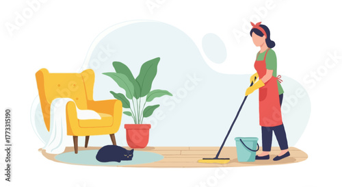 Flat vector illustration of a faceless woman mopping the floor in a cozy living room