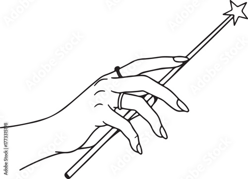 Elegant Hand Holding Magic Wand with Star – Fantasy Line Art for Enchantment, Witchcraft, and Wizardry Themes