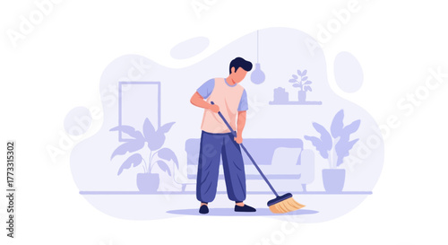 Flat vector illustration of a faceless man sweeping the floor with a broom