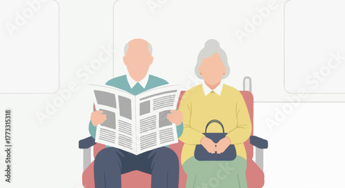 Flat vector illustration of an elderly couple sitting side by side on a train seat, the old man reading a newspaper, the old woman holding a small handbag