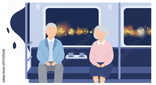 Flat vector of elderly couple sitting quietly on a night train, city lights outside the window, warm and calm atmosphere