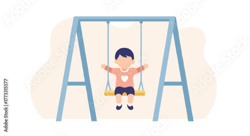 Flat vector faceless illustration of a child playing alone on a swing at the playground