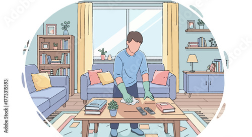 Flat vector illustration of a faceless man cleaning the living room, wiping table surface or arranging items, bright cozy interior, pastel flat style, abstract white background