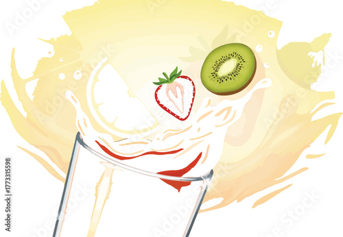 Fresh fruit juice splashing with orange strawberry and kiwi on yellow background