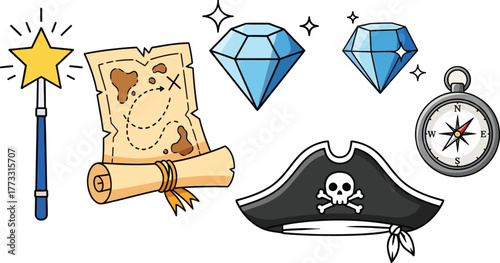 Fantasy Adventure Items for Kids Icon Set – Magic Wand, Treasure Map, Crystal Gem, Pirate Hat, Compass, Playful, Vector Design