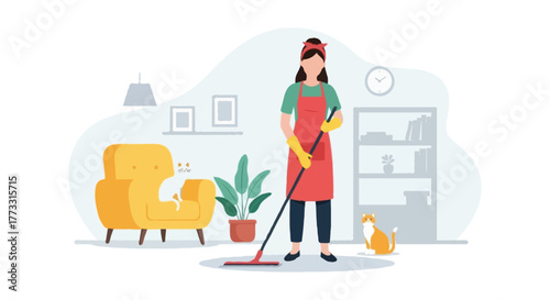 Flat vector illustration of a faceless woman mopping the floor in a cozy living room