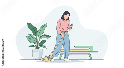 Flat vector illustration of a faceless woman sweeping the floor with a broom, wearing casual home clothes, potted plant and furniture in background