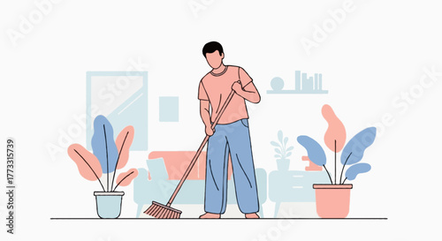 Flat vector illustration of a faceless man sweeping the floor with a broom