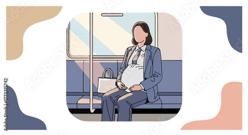 Flat vector illustration of a pregnant woman in formal outfit sitting on a train during morning commute
