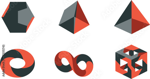 Fun Geometry Shapes Icon Set – Abstract 2D Geometric Solids, Dodecahedron, Prism, Torus, Möbius Strip, Fractal Cube, Minimal Vector Design