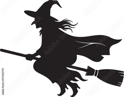 Flying Witch Silhouette on Broomstick – Halloween Magic Vector Icon for Spooky Themes